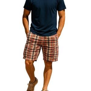 Retro Y2K Club Room Men's 33 Plaid Cargo Shorts Pink Blue Check Cotton Casual